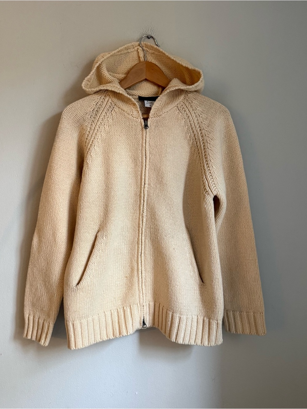 Nicole Farhi Diversion Size S 100% Wool Hooded Cardigan Sweater Cream Zip Up